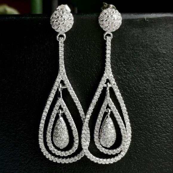 Art Deco CZ drop Earrings in Sterling Silver - Picture 1 of 5